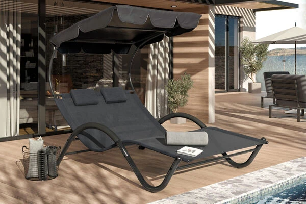 OUTFLEXX Doppelliege, Anthrazit, Polyester/Stahl Pulverbeschichtet, 205x138x34cm, Inkl. Nackenkissen, Rollbar 1 OUTFLEXX Doppelliege, Anthrazit, Polyester/Stahl Pulverbeschichtet, 205x138x34cm, Inkl. Nackenkissen, Rollbar