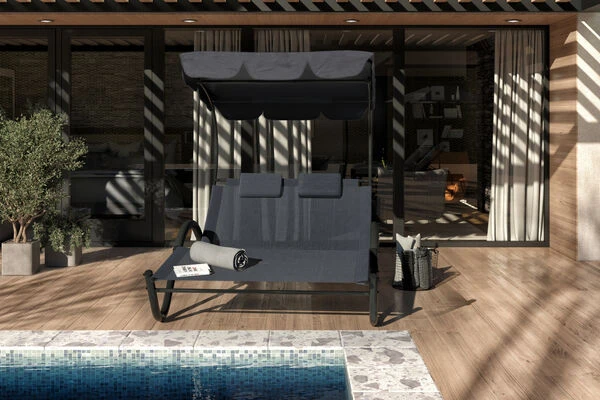 OUTFLEXX Doppelliege, Anthrazit, Polyester/Stahl Pulverbeschichtet, 205x138x34cm, Inkl. Nackenkissen, Rollbar 2 OUTFLEXX Doppelliege, Anthrazit, Polyester/Stahl Pulverbeschichtet, 205x138x34cm, Inkl. Nackenkissen, Rollbar – Bild 2