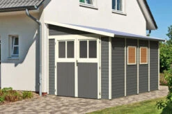 KARIBU Anlehnhaus Bomlitz 4, Terragrau, Fichtenholz 19mm, 255 X 355 X 243 Cm, Pultdach, Exkl. Fußboden