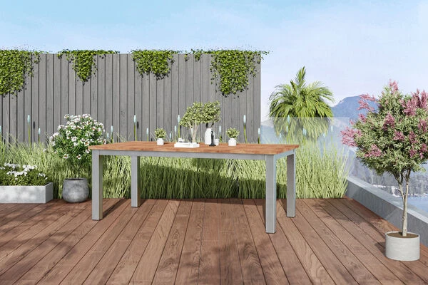 OUTFLEXX Ausziehtisch, Edelstahl/recyceltes FSC®-Teak, 200/260x100cm, Rustikal Gebürstet 2 OUTFLEXX Ausziehtisch, Edelstahl/recyceltes FSC®-Teak, 200/260x100cm, Rustikal Gebürstet – Bild 2