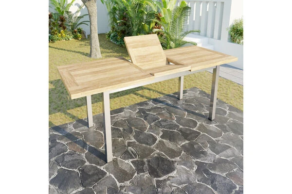 OUTFLEXX Ausziehtisch, Edelstahl/recyceltes FSC®-Teak, 200/260x100cm, Rustikal Gebürstet 12 OUTFLEXX Ausziehtisch, Edelstahl/recyceltes FSC®-Teak, 200/260x100cm, Rustikal Gebürstet – Bild 12