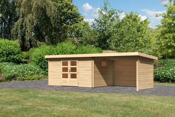 KARIBU Gartenhaus Trittau 5, Naturbelassen, Fichtenholz 40mm, 576 X 297 X 217 Cm, Pultdach, Anbau 3,3m Mit Rück- Und Seitenwand 1 KARIBU Gartenhaus Trittau 5, Naturbelassen, Fichtenholz 40mm, 576 X 297 X 217 Cm, Pultdach, Anbau 3,3m Mit Rück- Und Seitenwand