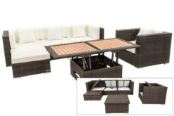 OUTFLEXX Loungemöbel-Set, Braun Marmoriert, Polyrattan, 5 Pers, Wasserfeste Kissenbox, Inkl. Loungetisch