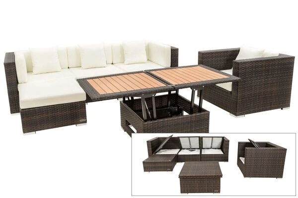 OUTFLEXX Loungemöbel-Set, Braun Marmoriert, Polyrattan, 5 Pers, Wasserfeste Kissenbox, Inkl. Loungetisch 1 OUTFLEXX Loungemöbel-Set, Braun Marmoriert, Polyrattan, 5 Pers, Wasserfeste Kissenbox, Inkl. Loungetisch