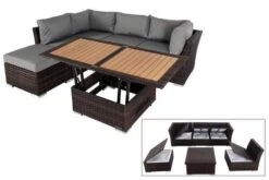 OUTFLEXX Loungemöbel, Polyrattan, Braun Marmoriert, Inkl. Loungetisch, Abdeckhaube, Ersatzbezug, Wasserfeste Kissenbox