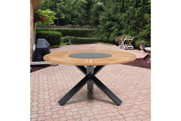 OUTFLEXX Esstisch, Anthrazit Matt, Alu/FSC-Teak, Ø150x75,5cm, Mit Glasinlay 1 OUTFLEXX Esstisch, Anthrazit Matt, Alu/FSC-Teak, Ø150x75,5cm, Mit Glasinlay