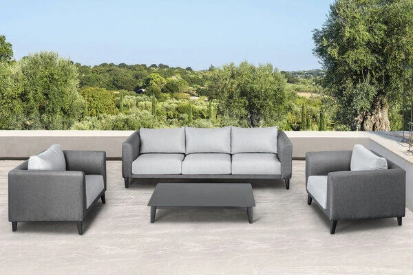OUTFLEXX Loungemöbel Set, Dunkelgrau, Alu/Spuncrylic, 4-tlg., Tisch 123x80cm, 5 Pers 1 OUTFLEXX Loungemöbel Set, Dunkelgrau, Alu/Spuncrylic, 4-tlg., Tisch 123x80cm, 5 Pers