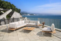 OUTFLEXX Vail Loungemöbel, Weiß/natur/actionlinen, Alu/FSC-Teakholz/Sunbrella, Für Bis Zu 7 Personen, Seitenablagen Aus Teak