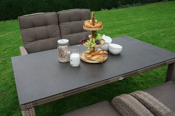Ploß Rabida Comfort Dining Tisch, Champagner-meliert, Polyrattan, 180x110 Cm, Glasplatte In Steinoptik 2 Ploß Rabida Comfort Dining Tisch, Champagner-meliert, Polyrattan, 180x110 Cm, Glasplatte In Steinoptik – Bild 2