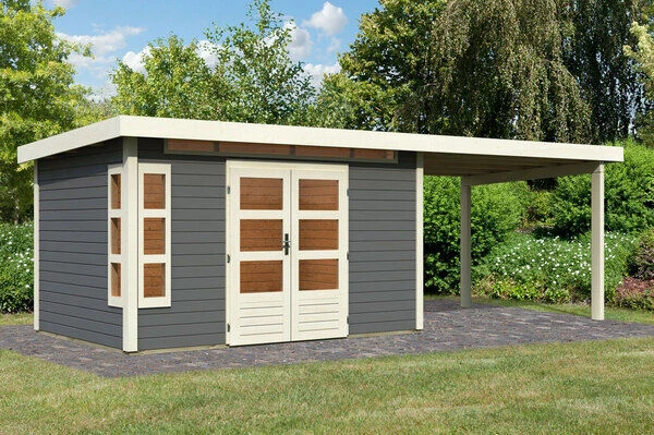 KARIBU Gartenhaus Kastorf 7, Terragrau, Fichtenholz 28mm, 702 X 244 X 222 Cm, Flachdach, Anbau 3,2m 1 KARIBU Gartenhaus Kastorf 7, Terragrau, Fichtenholz 28mm, 702 X 244 X 222 Cm, Flachdach, Anbau 3,2m