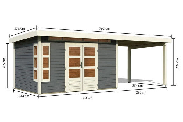 KARIBU Gartenhaus Kastorf 7, Terragrau, Fichtenholz 28mm, 702 X 244 X 222 Cm, Flachdach, Anbau 3,2m 5 KARIBU Gartenhaus Kastorf 7, Terragrau, Fichtenholz 28mm, 702 X 244 X 222 Cm, Flachdach, Anbau 3,2m – Bild 5