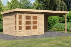 KARIBU Gartenhaus Kastorf6 , Naturbelassen, Fichtenholz 28mm, 612 X 274 X 222 Cm, Flachdach, Anbau 3,2m Mit Rückwand