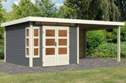 KARIBU Gartenhaus Kastorf6 , Terragrau, Fichtenholz 28mm, 612 X 274 X 222 Cm, Flachdach, Anbau 3,2m Mit Rückwand