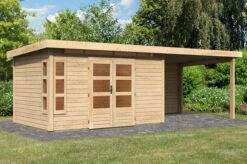 KARIBU Gartenhaus Kastorf 7, Naturbelassen, Fichtenholz 28mm, 702 X 244 X 222 Cm, Flachdach, Anbau 3,2m Mit Rückwand