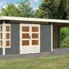 KARIBU Gartenhaus Kastorf 7, Terragrau, Fichtenholz 28mm, 702 X 244 X 222 Cm, Flachdach, Anbau 3,2m Mit Rückwand