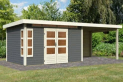 KARIBU Gartenhaus Kastorf 7, Terragrau, Fichtenholz 28mm, 702 X 244 X 222 Cm, Flachdach, Anbau 3,2m Mit Rückwand