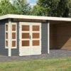 KARIBU Gartenhaus Kastorf6 , Terragrau, Fichtenholz 28mm, 612 X 274 X 222 Cm, Flachdach, Anbau 3,2m Mit Rück- Und Seitenwand