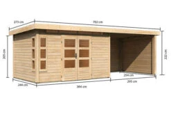 KARIBU Gartenhaus Kastorf7 , Naturbelassen, Fichtenholz 28mm, 702 X 244 X 222 Cm, Flachdach, Anbau 3,2m Mit Rück- Und Seitenwand -MBM Verkäufe 30469 3 05.jpg