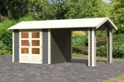KARIBU Gartenhaus Theres 3, Terragrau, Fichtenholz 28mm, 528 X 240 X 242 Cm, Satteldach, Inkl. Dachausbauelement