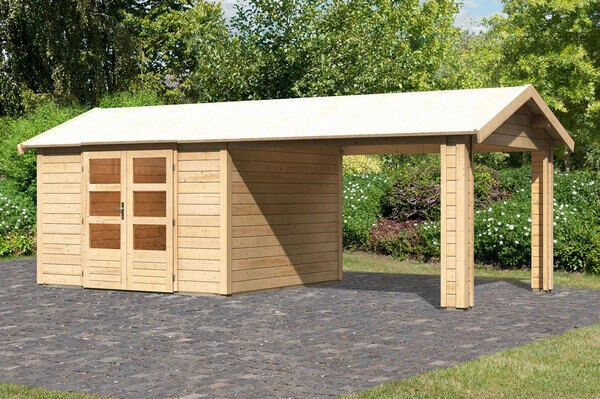 KARIBU Gartenhaus Theres 7, Naturbelassen, Fichtenholz 28mm, 648 X 304 X 250 Cm, Satteldach, Inkl. Dachausbauelement 1 KARIBU Gartenhaus Theres 7, Naturbelassen, Fichtenholz 28mm, 648 X 304 X 250 Cm, Satteldach, Inkl. Dachausbauelement