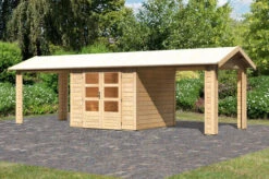 KARIBU Gartenhaus Theres 3, Naturbelassen, Fichtenholz 28mm, 767 X 240 X 242 Cm, Satteldach, 2 Dachausbauelemente
