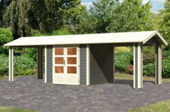KARIBU Gartenhaus Theres 3, Terragrau, Fichtenholz 28mm, 767 X 240 X 242 Cm, Satteldach, 2 Dachausbauelemente