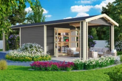 KARIBU Gartenhaus Theres 7, Terragrau, Fichtenholz 28mm, 947 X 304 X 250 Cm, Satteldach, 2 Dachausbauelemente