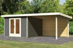 KARIBU Gartenhaus Radeburg 1, Terragrau, Fichtenholz 40mm, 664 X 309 X 229,5 Cm, Pultdach, Anbau 3,3m Mit Rückwand