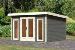 KARIBU Gartenhaus Radeburg 2, Terragrau, Fichtenholz 40mm, 406 X 309 X 229,5 Cm, Pultdach, Inkl. 2 Drehkippfenster