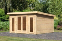 KARIBU Gartenhaus Radeburg 3, Naturbelassen, Fichtenholz 40mm, 406 X 369 X 229,5 Cm, Pultdach, Inkl. 2 Drehkippfenster