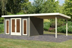 KARIBU Gartenhaus Radeburg 2, Terragrau, Fichtenholz 40mm, 724 X 309 X 229,5 Cm, Pultdach, Anbau 3,3m