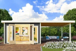 KARIBU Gartenhaus Radeburg 3, Terragrau, Fichtenholz 40mm, 724 X 369 X 229,5 Cm, Pultdach, Anbau 3,3m