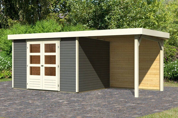 KARIBU Gartenhaus Askola 5, Terragrau, Fichtenholz 19mm, 554 X 246 X 211 Cm, Flachdach, Anbau 2,4m Mit Rückwand 1 KARIBU Gartenhaus Askola 5, Terragrau, Fichtenholz 19mm, 554 X 246 X 211 Cm, Flachdach, Anbau 2,4m Mit Rückwand