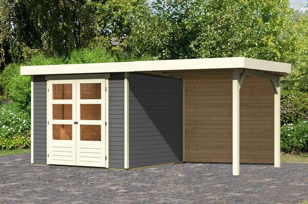 KARIBU Gartenhaus Askola 3,5, Terragrau, Fichtenholz 19mm, 491 X 246 X 211 Cm, Flachdach, Anbau 2,4m Mit Rückwand 1 KARIBU Gartenhaus Askola 3,5, Terragrau, Fichtenholz 19mm, 491 X 246 X 211 Cm, Flachdach, Anbau 2,4m Mit Rückwand