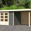 KARIBU Gartenhaus Askola 4, Terragrau, Fichtenholz 19mm, 554 X 217 X 211 Cm, Flachdach, Anbau 2,4m Mit Rückwand