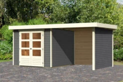 KARIBU Gartenhaus Askola3,5 , Terragrau, Fichtenholz 19mm, 491 X 246 X 211 Cm, Flachdach, Anbau 2,4m Mit Rück- Und Seitenwand