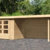 KARIBU Gartenhaus Askola 3, Naturbelassen, Fichtenholz 19mm, 528,5 X 217 X 211 Cm, Flachdach, Seitlicher Anbau 2,8m Mit Rückwand