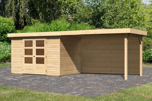 KARIBU Gartenhaus Askola 4, Naturbelassen, Fichtenholz 19mm, 591,5 X 217 X 211 Cm, Flachdach, Seitlicher Anbau 2,8m Mit Rückwand 1 KARIBU Gartenhaus Askola 4, Naturbelassen, Fichtenholz 19mm, 591,5 X 217 X 211 Cm, Flachdach, Seitlicher Anbau 2,8m Mit Rückwand