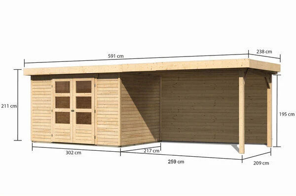 KARIBU Gartenhaus Askola 4, Naturbelassen, Fichtenholz 19mm, 591,5 X 217 X 211 Cm, Flachdach, Seitlicher Anbau 2,8m Mit Rückwand 5 KARIBU Gartenhaus Askola 4, Naturbelassen, Fichtenholz 19mm, 591,5 X 217 X 211 Cm, Flachdach, Seitlicher Anbau 2,8m Mit Rückwand – Bild 5
