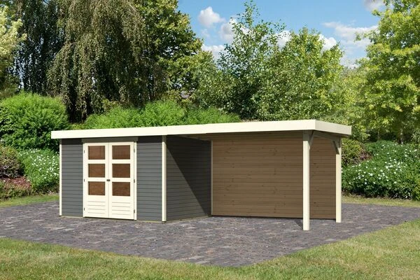 KARIBU Gartenhaus Askola 4, Terragrau, Fichtenholz 19mm, 591,5 X 217 X 211 Cm, Flachdach, Seitlicher Anbau 2,8m Mit Rückwand 1 KARIBU Gartenhaus Askola 4, Terragrau, Fichtenholz 19mm, 591,5 X 217 X 211 Cm, Flachdach, Seitlicher Anbau 2,8m Mit Rückwand