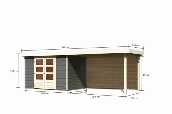 KARIBU Gartenhaus Askola 4, Terragrau, Fichtenholz 19mm, 591,5 X 217 X 211 Cm, Flachdach, Seitlicher Anbau 2,8m Mit Rückwand 5 KARIBU Gartenhaus Askola 4, Terragrau, Fichtenholz 19mm, 591,5 X 217 X 211 Cm, Flachdach, Seitlicher Anbau 2,8m Mit Rückwand – Bild 5