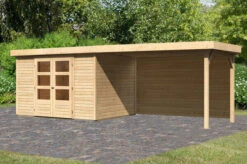 KARIBU Gartenhaus Askola 5, Naturbelassen, Fichtenholz 19mm, 591,5 X 246 X 211 Cm, Flachdach, Seitlicher Anbau 2,8m Mit Rückwand