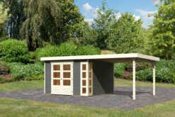 KARIBU Gartenhaus Kerko 6, Terragrau, Fichtenholz 19mm, 334 X 306 X 216 Cm, Flachdach, Anbau 2,8m