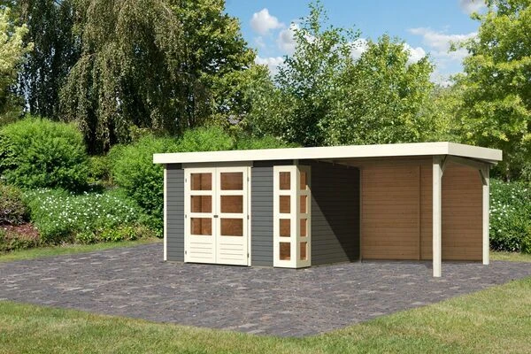 KARIBU Gartenhaus Kerko 5, Terragrau, Fichtenholz 19mm, 591,5 X 246 X 210 Cm, Flachdach, Anbau 2,8m Mit Rückwand 1 KARIBU Gartenhaus Kerko 5, Terragrau, Fichtenholz 19mm, 591,5 X 246 X 210 Cm, Flachdach, Anbau 2,8m Mit Rückwand