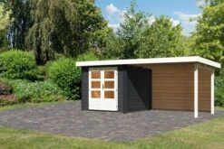 KARIBU Gartenhaus Bastrup2 , Anthrazit, Fichtenholz 28mm, 554 X 237 X 220 Cm, Pultdach, Anbau 3m Mit Rückwand