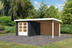 KARIBU Gartenhaus Bastrup 4 , Anthrazit, Fichtenholz 28mm, 554 X 297 X 222 Cm, Pultdach, Anbau 3m Mit Rückwand