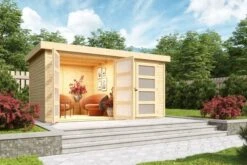 KARIBU Mittelwandhaus Mühlentrup 2, Naturbelassen, Fichtenholz 19mm, 428 X 272 X 212 Cm, Flachdach