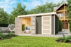 KARIBU Mittelwandhaus Mühlentrup 2, Terragrau, Fichtenholz 19mm, 428 X 272 X 212 Cm, Flachdach