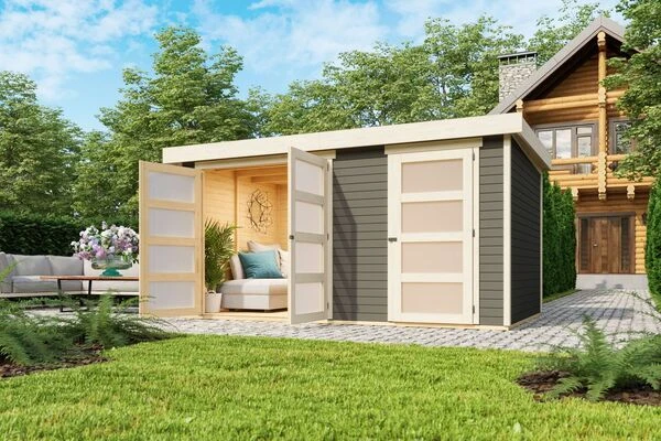 KARIBU Mittelwandhaus Mühlentrup 2, Terragrau, Fichtenholz 19mm, 428 X 272 X 212 Cm, Flachdach 1 KARIBU Mittelwandhaus Mühlentrup 2, Terragrau, Fichtenholz 19mm, 428 X 272 X 212 Cm, Flachdach