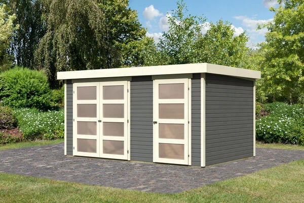 KARIBU Mittelwandhaus Mühlentrup 2, Terragrau, Fichtenholz 19mm, 428 X 272 X 212 Cm, Flachdach 2 KARIBU Mittelwandhaus Mühlentrup 2, Terragrau, Fichtenholz 19mm, 428 X 272 X 212 Cm, Flachdach – Bild 2